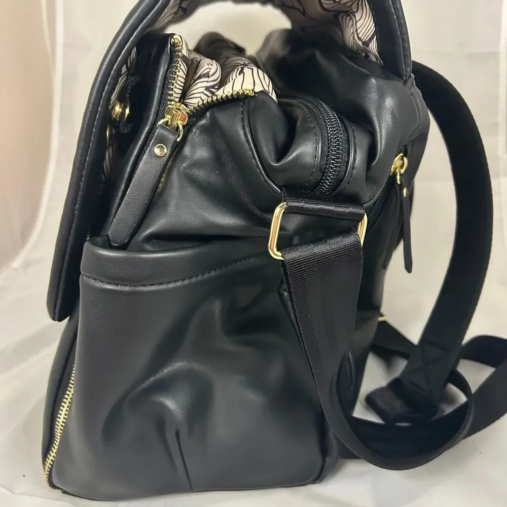 Petunia Pickle Bottom Black Vegan Leather Backpack Floral Lining Changing Pad